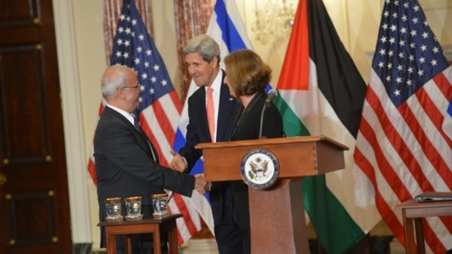 U.S. Secretary of State John Kerry, who has led U.S. efforts to facilitate Israeli-Palestinian peace negotiations since last July, is pictured in Washington, D.C., with chief Palestinian negotiator Saeb Erekat and chief Israeli negotiator Tzipi Livni. Credit: U.S. State Department.