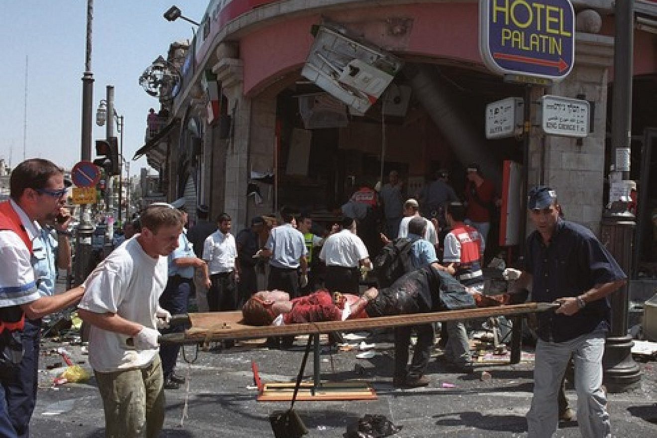 The aftermath of the suicide bombing at the Sbarro pizzeria in Jerusalem on Aug. 9, 2001, that killed 15 people, including two Americans, and wounded around 130 others. Photo by Flash90.