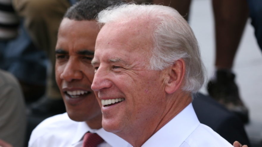 Joe Biden and Barack Obama in Springfield, Illinois, on Aug. 23, 2008, right after Biden was introduced by Obama as his running mate. Credit: Daniel Schwen via Wikimedia Commons.