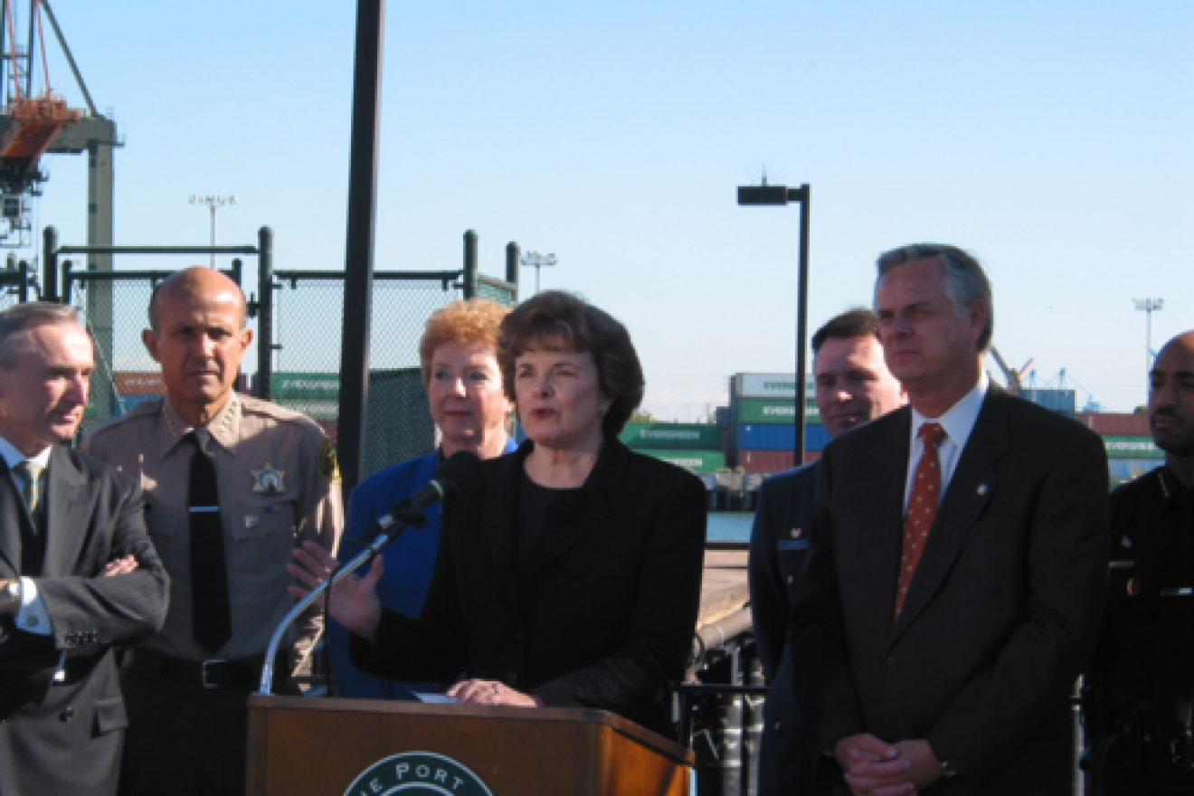 Sen. Dianne Feinstein (D-Calif.) speaks at the Long Beach Port, Calif., in 2010. Feinstein said regarding new Iran sanctions legislation, “We cannot let Israel determine when and where the United States goes to war.” Credit: Office of Dianne Feinstein.