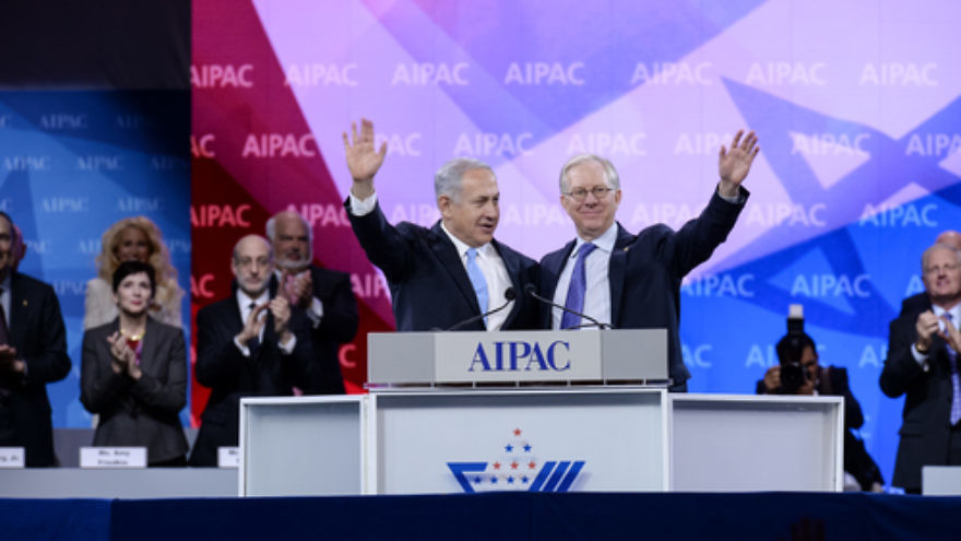 Click photo to download. Caption: Prime Minister Benjamin Netanyahu (left) with outgoing AIPAC President Michael Kassen at the 2014 AIPAC conference on Tuesday morning. Credit: AIPAC.