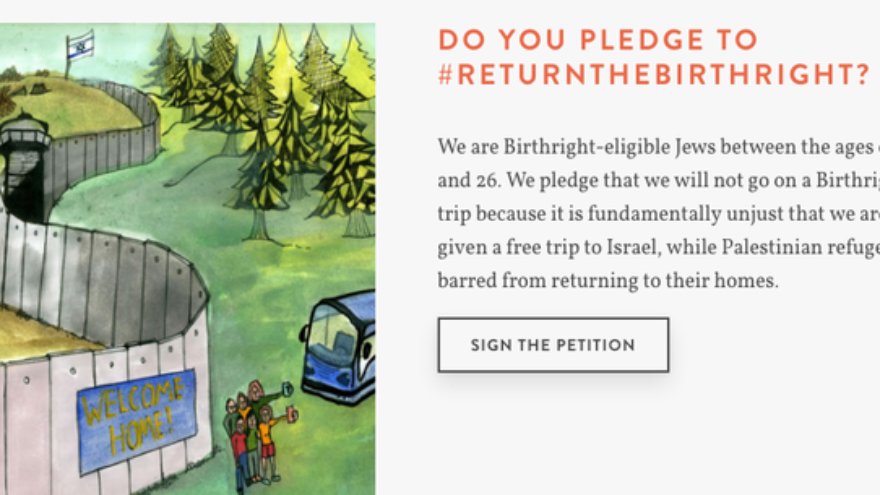 Jewish Voice for Peace's #ReturnTheBirthright campaign. Credit: Screenshot via jewishvoiceforpeace.org.