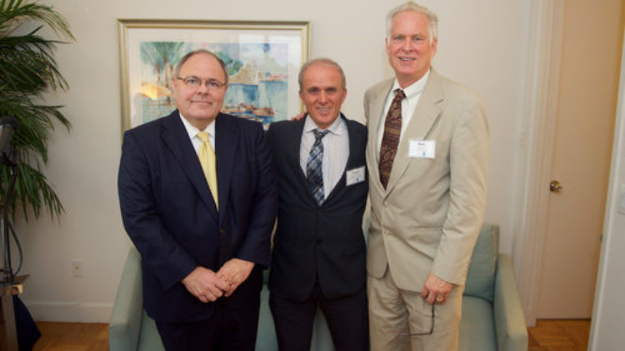 From left: Consul General of Israel in New York Dani Dayan, the Weizmann Institute’s Professor Yosef Yarden and Israel Cancer Research Fund President Rob Densen at the consul general’s residence. Credit: Perry Bindelglass.