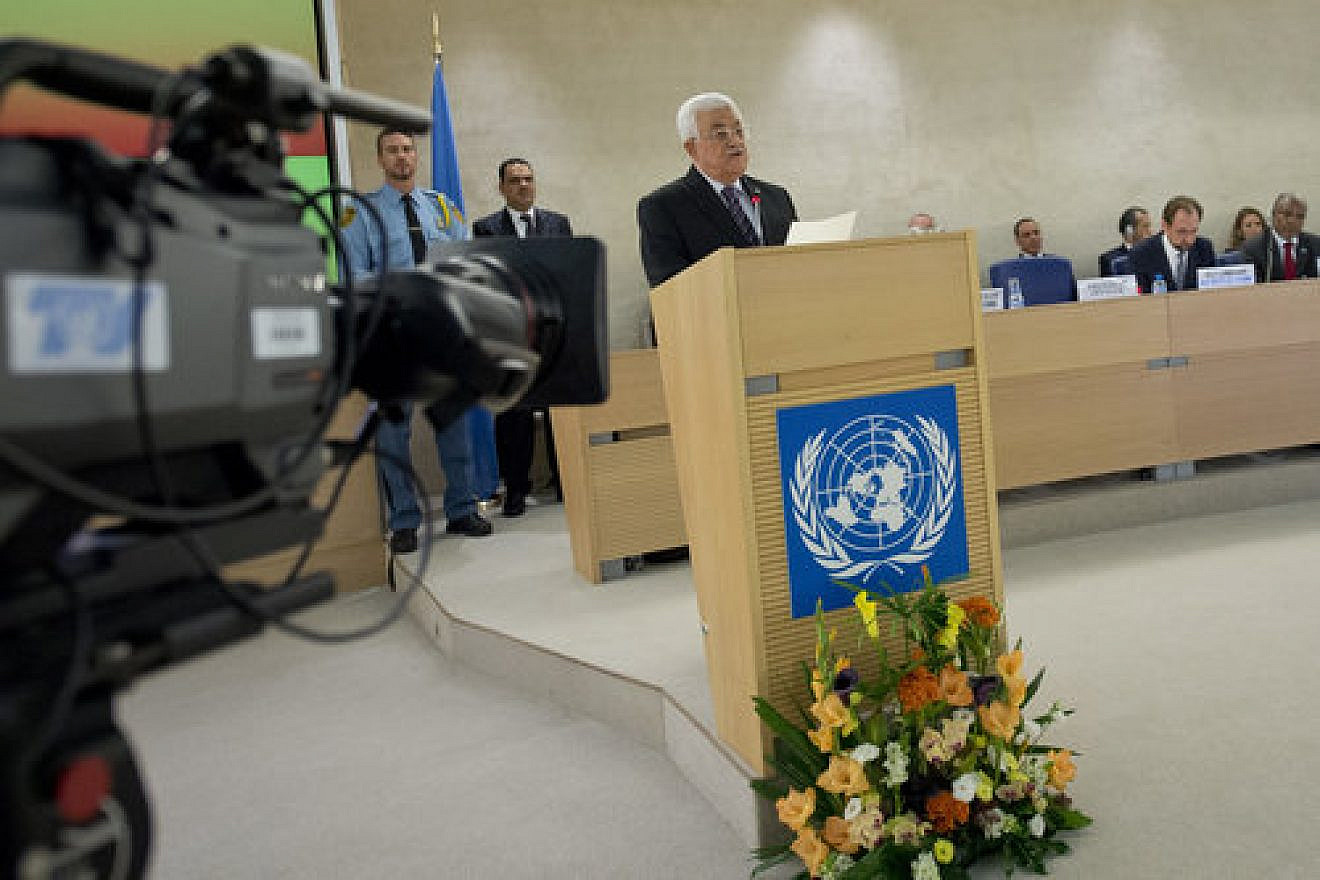 Palestinian Authority President Mahmoud Abbas addresses a U.N. Human Rights Council meeting in Geneva, Switzerland, on Oct. 28, 2015. Credit: UN Photo/Jean-Marc Ferré.