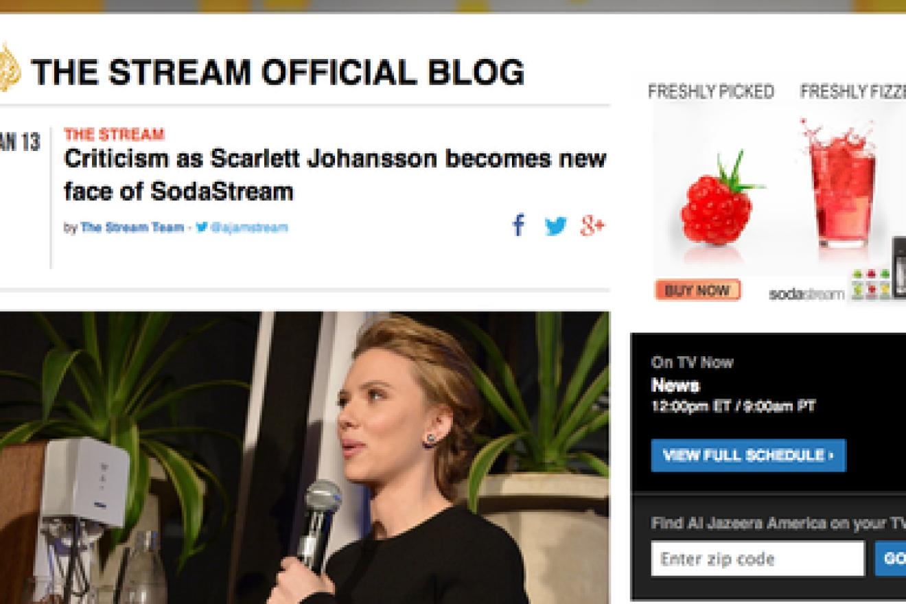 A Jan. 13 Al Jazeera America blog post on criticism of Scarlett Johansson for her new role as pitch woman for the Israel-based company SodaStream. Al Jazeera America's coverage of Johansson's 2014 Super Bowl commercial for SodaStream was misleading, write Myron Kaplan and Eric Rozenman of CAMERA. Credit: Al Jazeera America Screenshot.