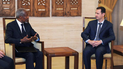 Kofi Annan (left), then the joint envoy of the United Nations and the Arab League on the Syrian crisis, meets with Syrian President Bashar al-Assad in Damascus on March 10, 2012. From 1998-2014, Rutgers university professor Dr. Mazen Adi served in the Syrian Foreign Ministry and with Syria’s U.N. delegation. Jewish leaders are criticizing Rutgers for its continued employment of Adi, who has vigorously defended Assad. Credit: U.N. Photo/Reuters/SANA.