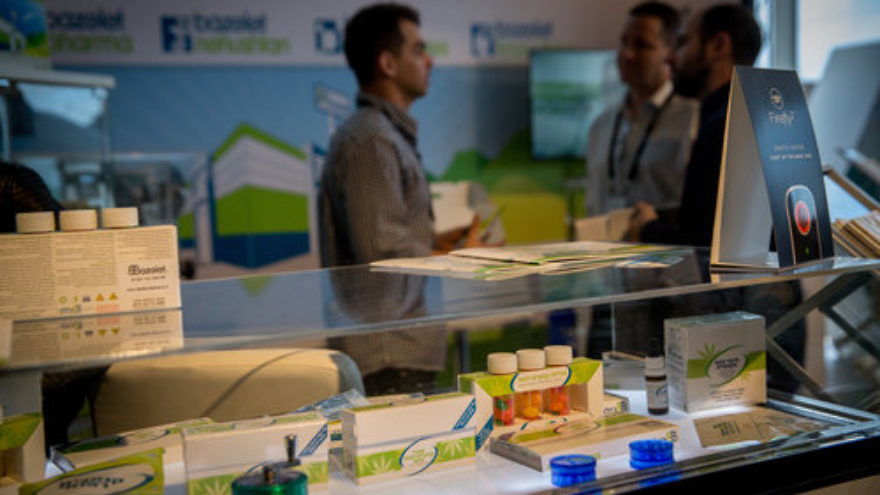 A booth at Israel’s annual CannaTech medical marijuana innovation conference in Tel Aviv, March 20, 2017. Credit: Miriam Alster/Flash90.