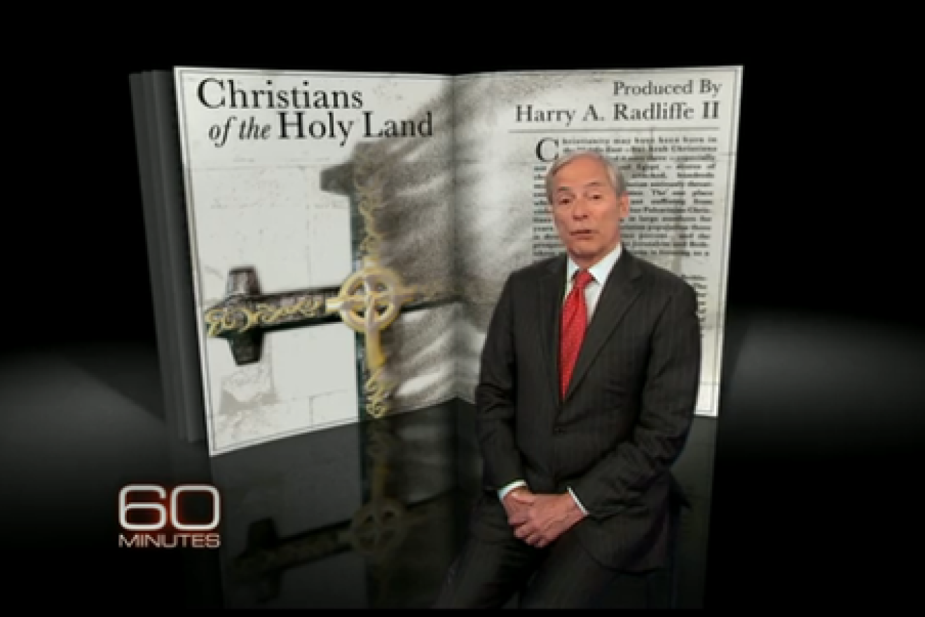 Click photo to download. Caption: Reporter Bob Simon on the controversial CBS "60 Minutes" Holy Land Christians program. Credit: CBS.