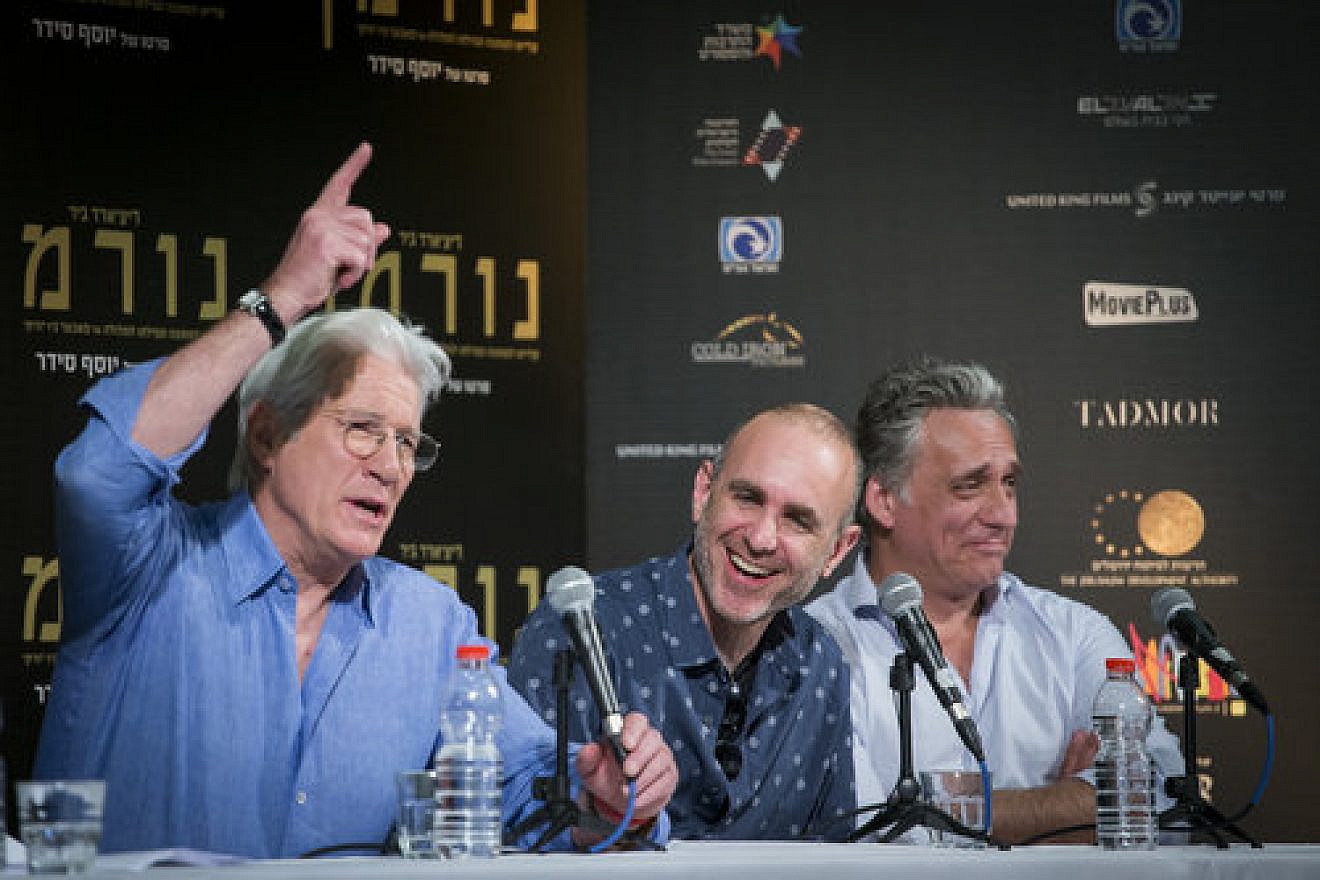 Hollywood actor Richard Gere (left), Israeli film director Joseph Cedar (center) and Israeli actor Lior Ashkenazi attend a press conference for the new movie “Norman”—which stars Gere and Ashkenazi—at the Jerusalem Cinematheque March 9, 2017. Credit: Yonatan Sindel/Flash90.