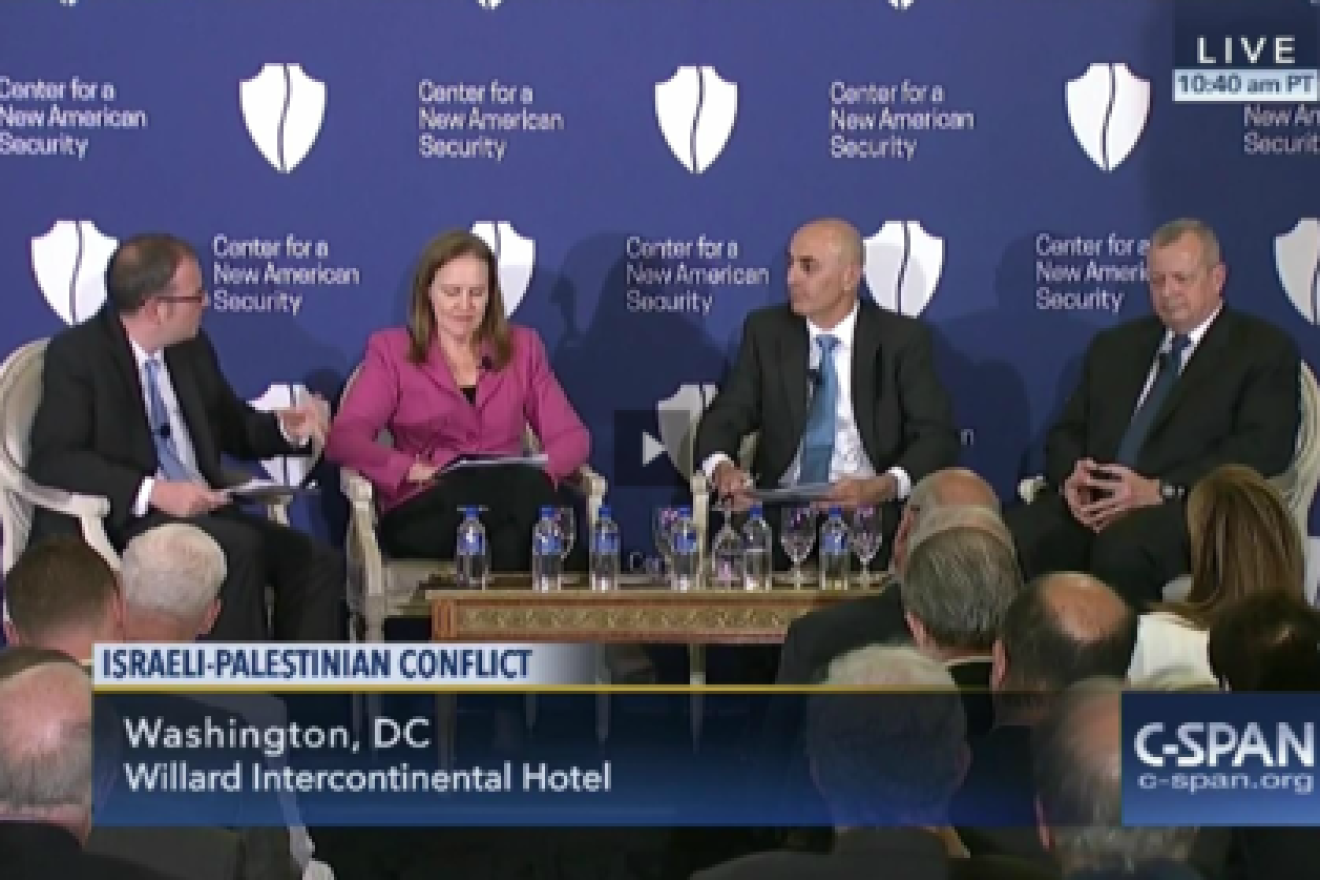 The C-SPAN network's May 31 panel discussion on the Israeli-Palestinian conflict, featuring panelists from the Center for a New American Security think tank. Credit: C-SPAN.