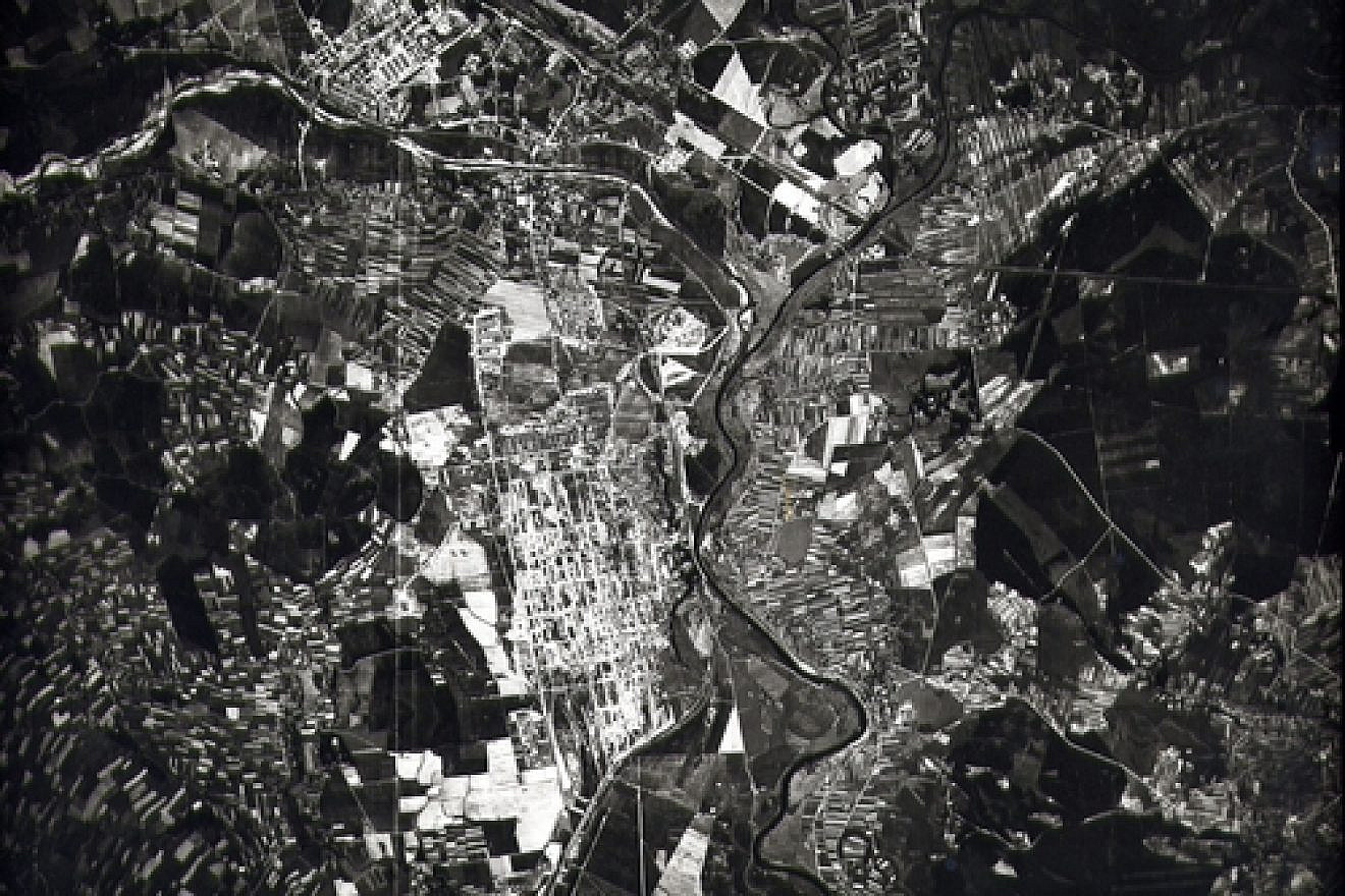 An aerial surveillance photo that U.S. pilots took over Auschwitz in 1944. Courtesy of the David S. Wyman Institute for Holocaust Studies.