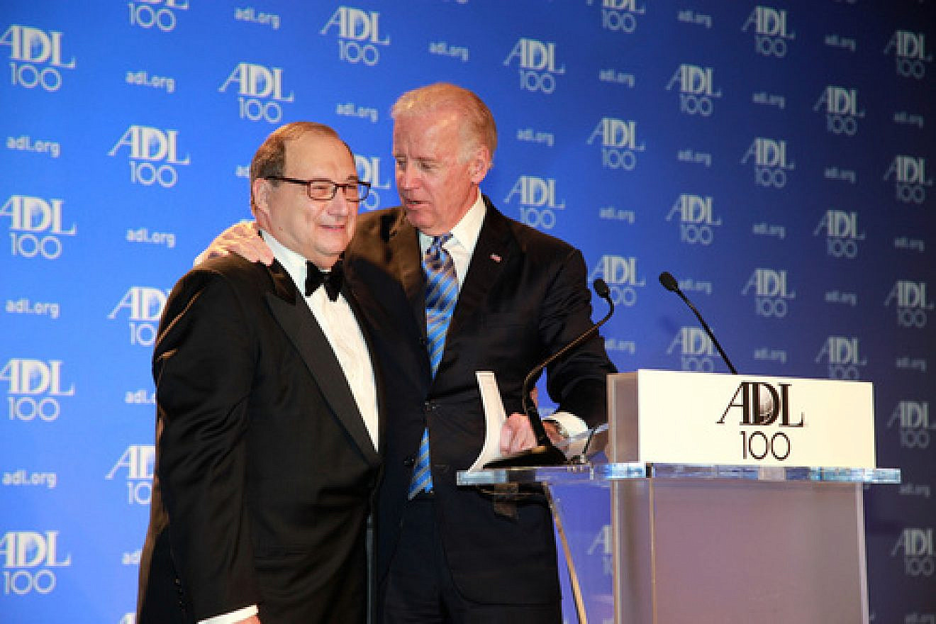 U.S. Vice President Joe Biden sings “Happy Birthday” to Abraham Foxman, the longtime national director of the Anti-Defamation League, at the ADL's Centennial Gala in April 2013 in Washington, D.C. Photo by David Karp.