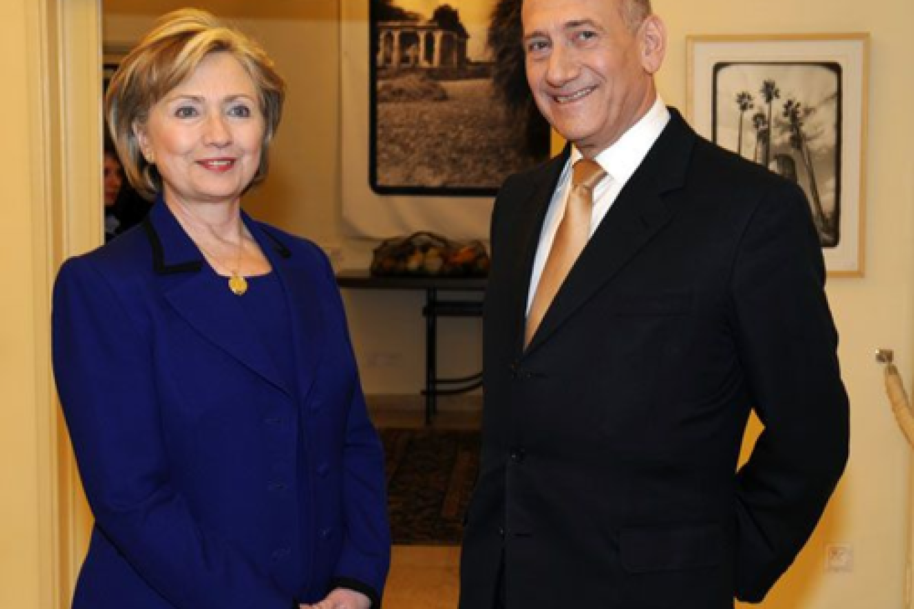 Click photo to download. Caption: Secretary of State Hillary Clinton with Ehud Olmert in 2009. Olmert is a special guest at J Street's upcoming conference. Credit: U.S. State Department.