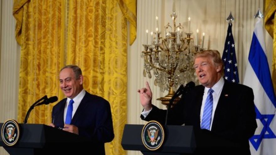 Prime Minister Benjamin Netanyahu (left) and President Donald Trump at their Feb. 15 joint White House press conference, during which Trump broke with the longstanding U.S. stance of wholeheartedly supporting the establishment of a Palestinian state. Credit: Avi Ohayon/GPO.