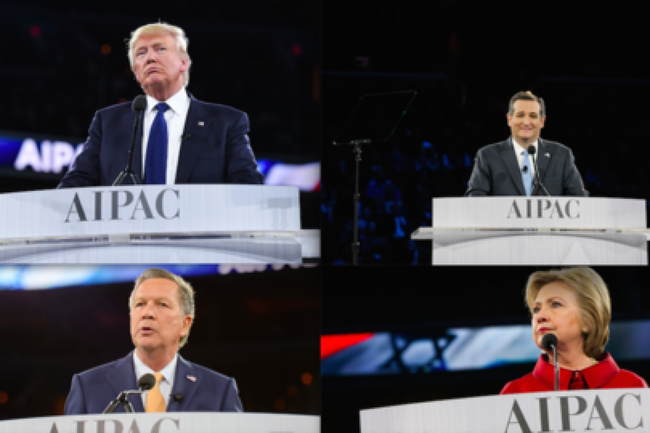 The presidential candidates who spoke at the recent AIPAC conference, including Donald Trump (top left), Ted Cruz (top right), John Kasich (bottom left), and Hillary Clinton (bottom right). Credit: AIPAC.