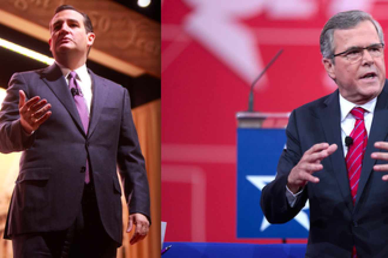Click photo to download. Caption: Republican presidential candidates Ted Cruz (left) and Jeb Bush have both called for America to prioritize the admission of persecuted Christians in any absorption process for Syrian refugees. Credit: Gage Skidmore via Wikimedia Commons.