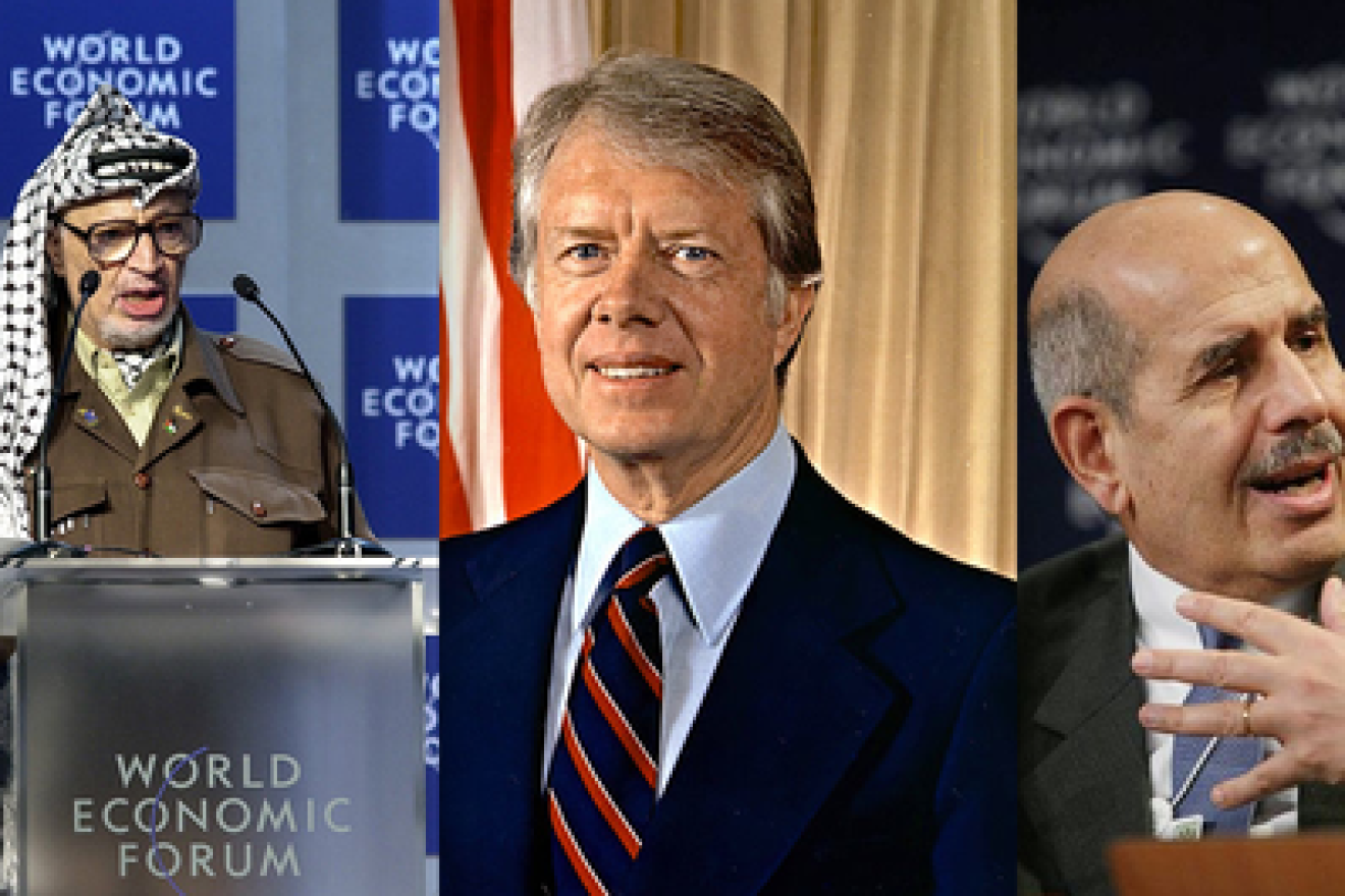 Click photo to download. Caption: JNS.org columnist Ben Cohen's "laughable" Nobel Peace Prize winners: PLO leader Yasser Arafat, former president Jimmy Carter, former International Atomic Energy Agency chief Mohammed ElBaradei. Credit: Wikimedia Commons.