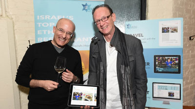 Click photo to download. Caption: Israeli food critic Gil Hovav (left) and World Jewish Heritage Organization (WJH) founder Jack Gottlieb during the Jan. 14 launch of WJH's eBook, “Israel’s Top 100 Ethnic Restaurants,” at New York City's Balaboosta restaurant. Credit: Shahar Azran.