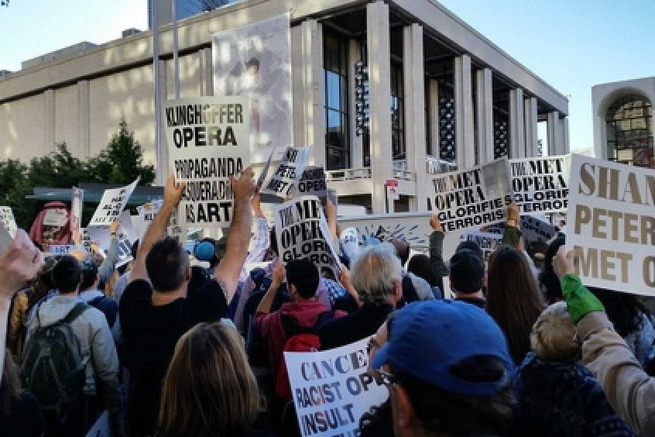 Click photo to download. Caption: On Sept. 22, 2014, demonstrators protest the New York Metropolitan Opera’s production of the anti-Israel opera “The Death of Klinghoffer.” Credit: Amelia Katzen.