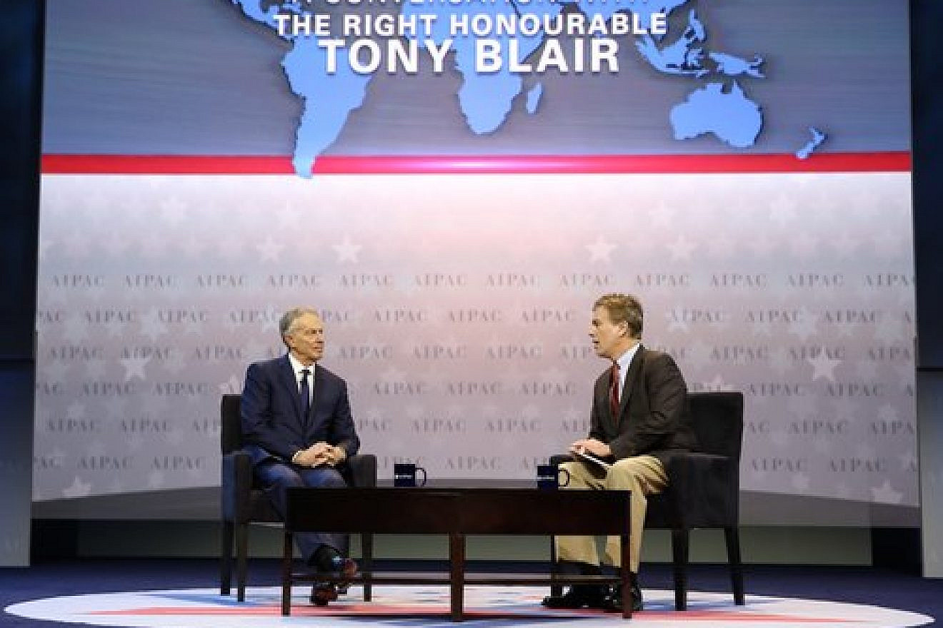 Former British Prime Minister Tony Blair (left) and former CNN correspondent Frank Sesno on the 2017 AIPAC Policy Conference’s stage Sunday. Credit: AIPAC.