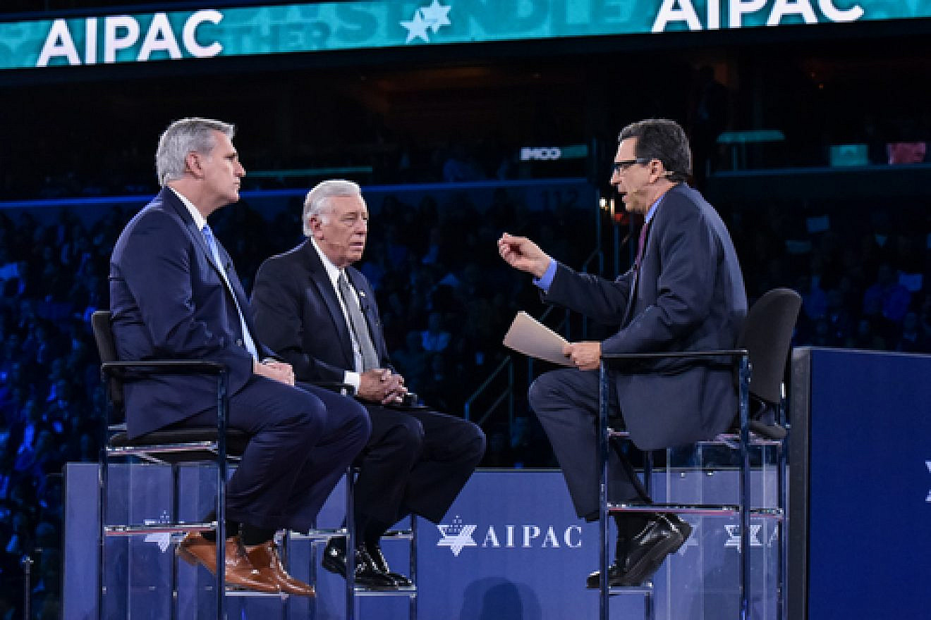 U.S. Reps. Kevin McCarthy (R-Calif., at left) and Steny Hoyer (D-Md., in center) are interviewed on stage at the 2016 AIPAC Policy Conference. Credit: AIPAC.