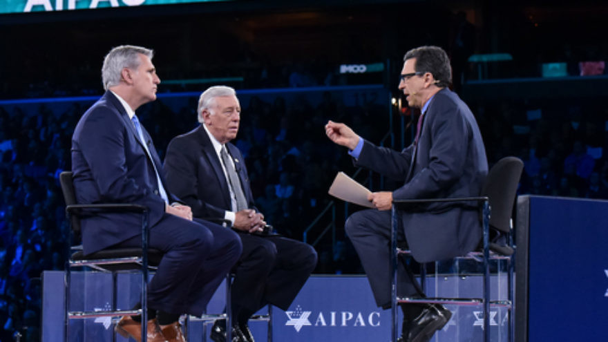 U.S. Reps. Kevin McCarthy (R-Calif., at left) and Steny Hoyer (D-Md., in center) are interviewed on stage at the 2016 AIPAC Policy Conference. Credit: AIPAC.