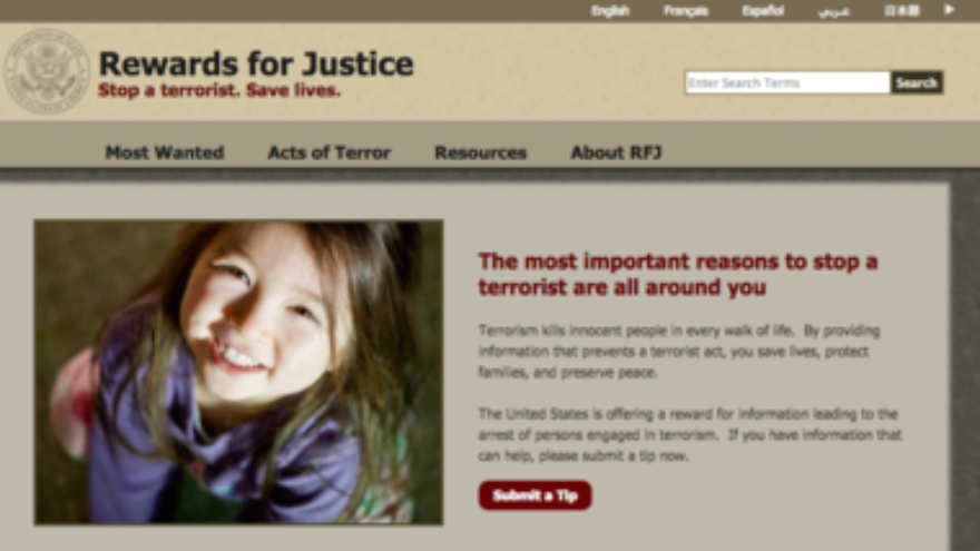 Click photo to download. Caption: The website of the State Department's "Rewards for Justice" program. Credit: RewardsForJustice.net screenshot.