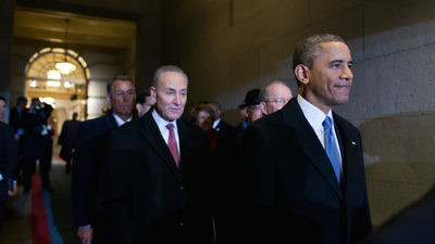 Click photo to download. Caption: Recently, the subject of much debate in New York has been the decision facing the state's Jewish U.S. senator, Chuck Schumer (pictured in center), on the Iran nuclear deal. Will Schumer defy President Barack Obama (pictured at right) and be one of the 13 Democratic votes in the Senate needed to override the president's veto of potential Congressional rejection of the Iran deal? Credit: Pete Souza/White House.