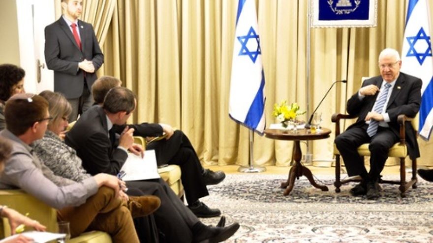 Click photo to download. Caption: Israeli President Reuven Rivlin speaks with English-language reporters ahead of his first Independence Day as president. Credit: Israeli President's Office.