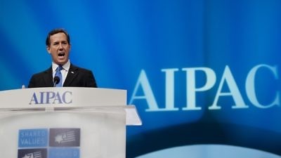 Former U.S. senator and Republican presidential candidate Rick Santorum speaks at the American Israel Public Affairs Committee (AIPAC) conference in Washington, D.C., on March 6. While Santorum addressed the conference in person, fellow presidential candidates Mitt Romney and Newt Gingrich spoke via satellite. Credit: EPA/PETE MAROVICH.