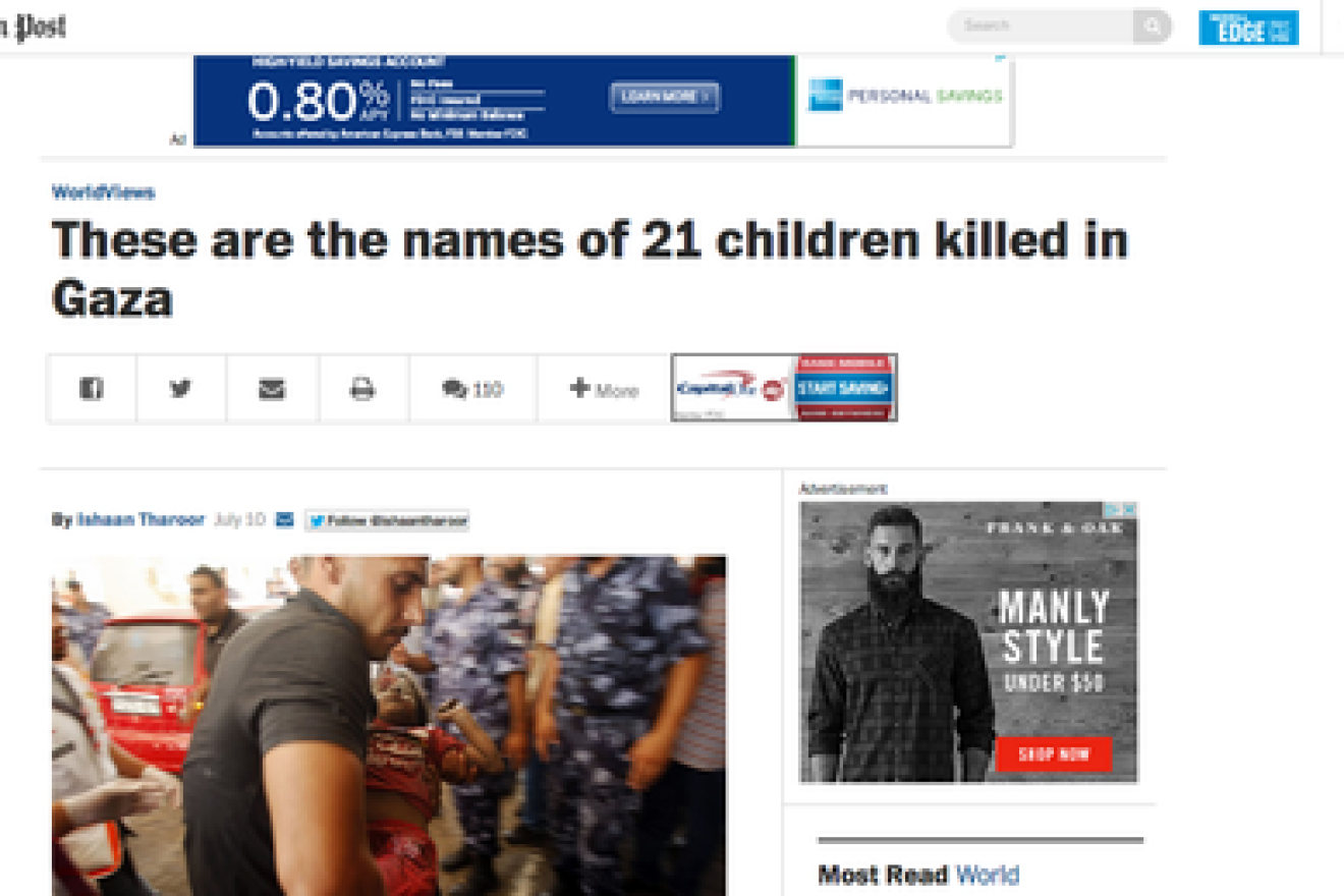 In the pictured July 10 posting titled “These are the names of 21 children killed in Gaza,” Washington Post foreign affairs blogger Ishaan Tharoor lists the names, ages, and places of death of the 83 Palestinian Arabs killed in the first three days of Israel’s Operation Protective Edge, with the children identified by boldface type. Credit: Screenshot of Washington Post website.