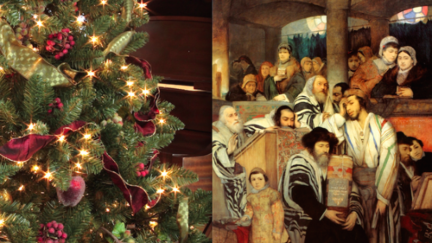 A Christmas tree with ornaments (left) and an illustration of Jews praying in synagogue on Yom Kippur. Credit: Mfisherkirshner and Maurycy Gottlieb via Wikimedia Commons.
