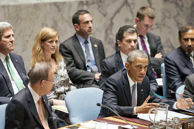 U.S. President Barack Obama (in front) speaks at a U.N. Security Council summit on Sept. 24, 2014. Pictured in the back are U.S. Secretary of State John Kerry (far left) and U.S. Ambassador to the United Nations Samantha Power (second from left). Credit: U.N. Photo/Kim Haughton.