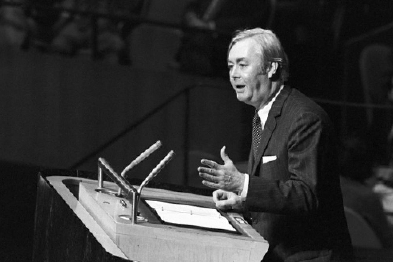 Daniel Patrick Moynihan, then the American ambassador to the United Nations, addresses the U.N. General Assembly on Nov. 10, 1975, the day the General Assembly adopted the  "Zionism is racism" resolution. Moynihan said that the U.S. "will never acquiesce in this infamous act." Credit: UN Photo/Teddy Chen.