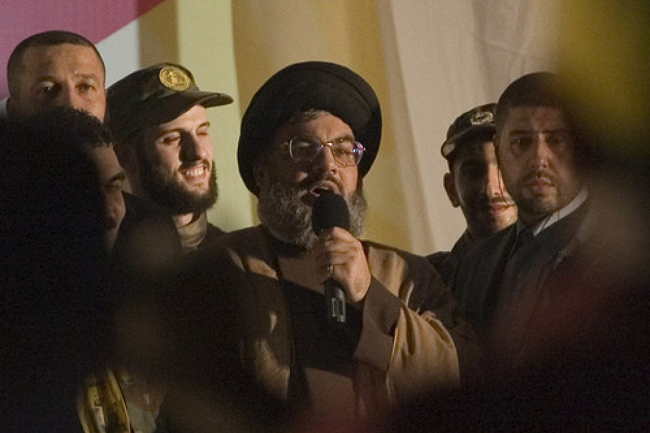 Hassan Nasrallah, leader of the Lebanese terror group Hezbollah, makes a rare public appearance in a suburb of Beirut in July 2008. Credit: Ferran Queved/Flash90.
