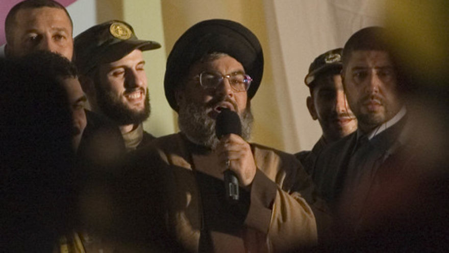 Hassan Nasrallah, leader of the Lebanese terror group Hezbollah, makes a rare public appearance in a suburb of Beirut in July 2008. Credit: Ferran Queved/Flash90.