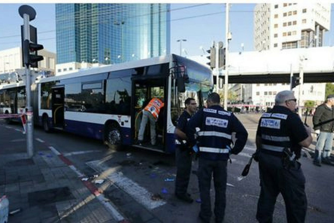 Click photo to download. Caption: The scene of Wednesday's Palestinian terrorist stabbing attack on a bus in Tel Aviv. Credit: United Hatzalah.