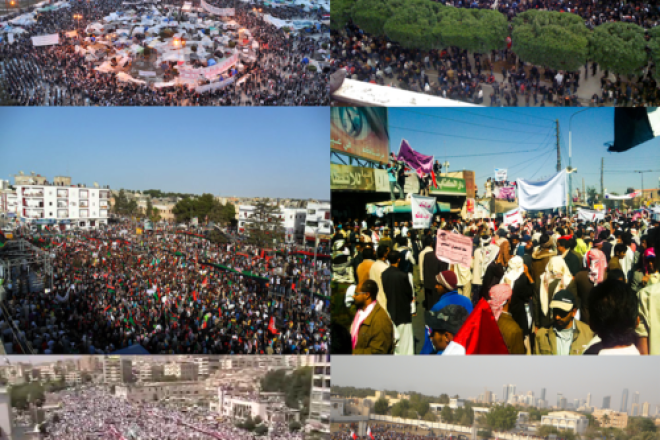 A collage of "Arab Spring" protests. Top right: Tunis, Tunisia. Middle left: Al-Bayda, Libya. Middle-right: San'a, Yemen. Bottom left: Hama, Syria. Bottom right: Karrana, Bahrain. Credit: Wikimedia Commons.