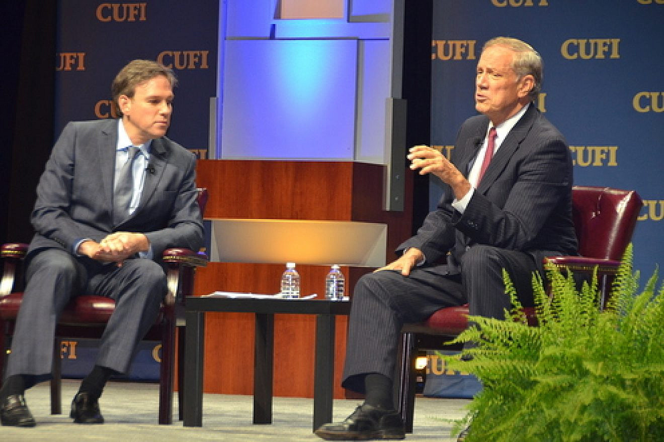 Republican presidential candidate and former New York Gov. George Pataki (right) gives an interview with Bret Stephens of "The Wall Street Journal" on stage at the 2017 Christians United for Israel Washington Summit. Credit: Maxine Dovere.