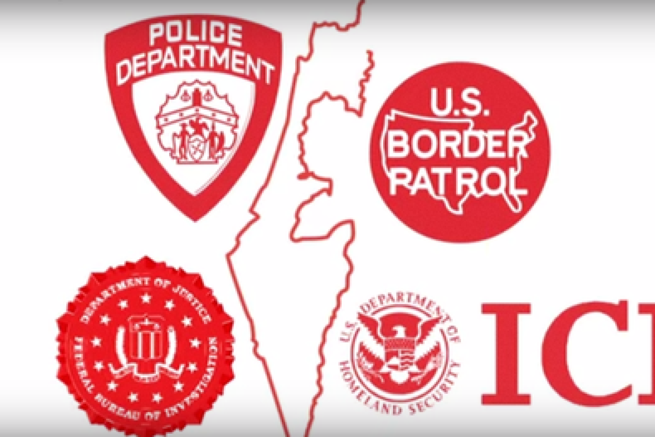 Logos of U.S. government agencies surround a map of Israel in a scene from a video promoting Jewish Voice for Peace’s “Deadly Exchange” campaign, which opposes initiatives that promote joint training programs between American police and Israeli security forces. Credit: YouTube.