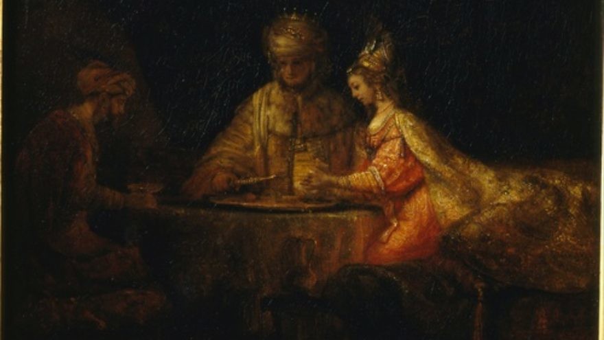 A painting by Rembrandt of King Ahasuerus and Haman at ”The Feast of Esther.” Credit: Pushkin Museum via Wikimedia Commons.