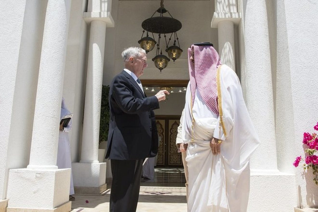U.S. Secretary of Defense James Mattis (left) meets with Qatar’s Emir Sheikh Tamim bin Hamad Al Thani at the Sea Palace in Doha, April 22, 2017. Credit: U.S. Air Force Tech. Sgt. Brigitte N. Brantley/Department of Defense.