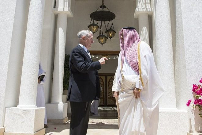 U.S. Secretary of Defense James Mattis (left) meets with Qatar’s Emir Sheikh Tamim bin Hamad Al Thani at the Sea Palace in Doha, April 22, 2017. Credit: U.S. Air Force Tech. Sgt. Brigitte N. Brantley/Department of Defense.