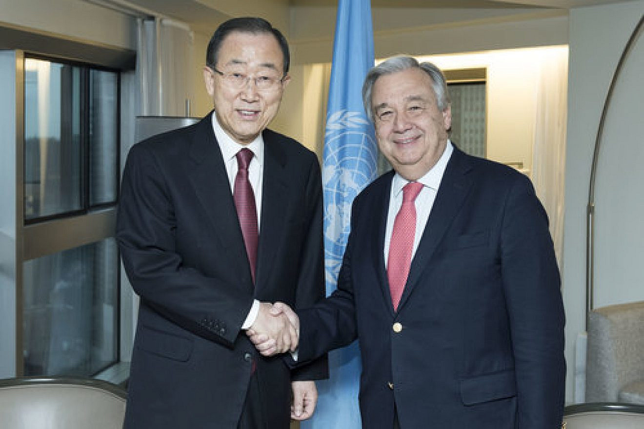 United Nations Secretary-General Antonio Guterres (right) meets with former Secretary-General Ban Ki-moon Jan. 2, 2017, in New York. Guterres recently disavowed a U.N. agency’s report that accused Israel of apartheid. Credit: UN Photo/Mark Garten.