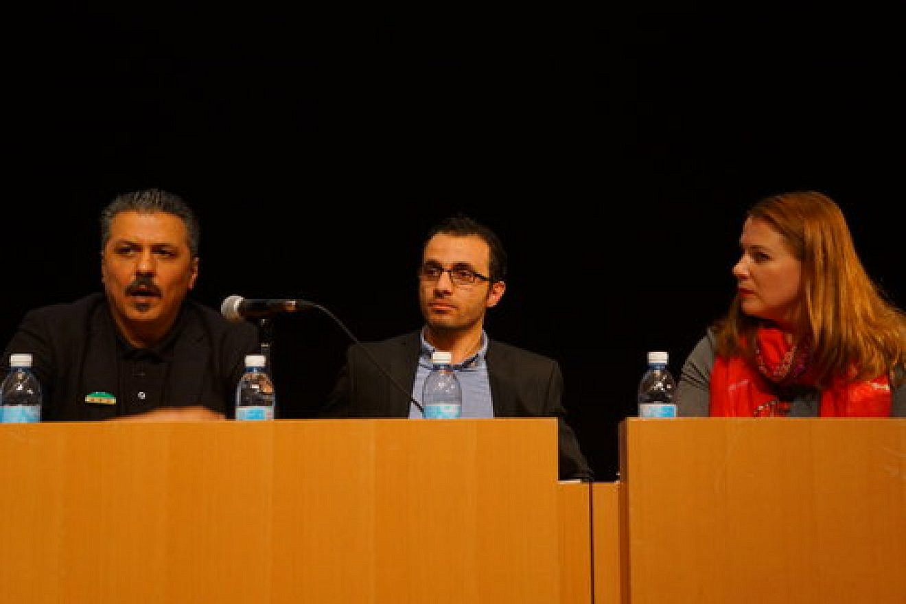 From left to right, at Hebrew University's Truman Institute Jan. 17: Syrian opposition member Issam Zeitoun, who lives in the village of Bet Jan near the border with Israel; Sirwan Kajjo, a Syrian-Kurdish author; and Member of Knesset Ksenia Svetlova (Zionist Union). Credit: Reuven Remez/Truman Institute.