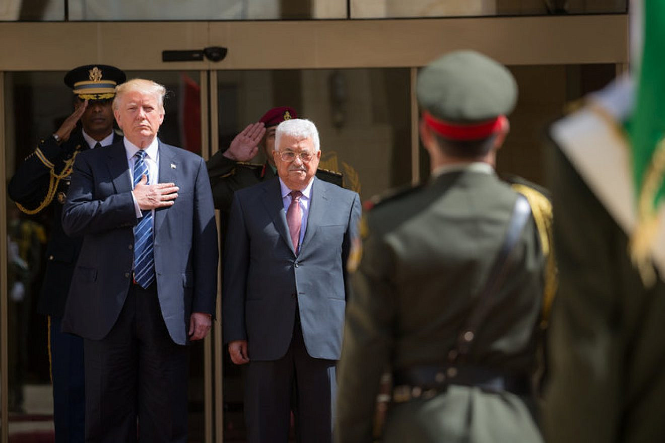 U.S. President Donald Trump (left) with Palestinian Authority leader Mahmoud Abbas (center) in Bethlehem on May 23, 2017. Credit: White House Photo by Shealah Craighead.