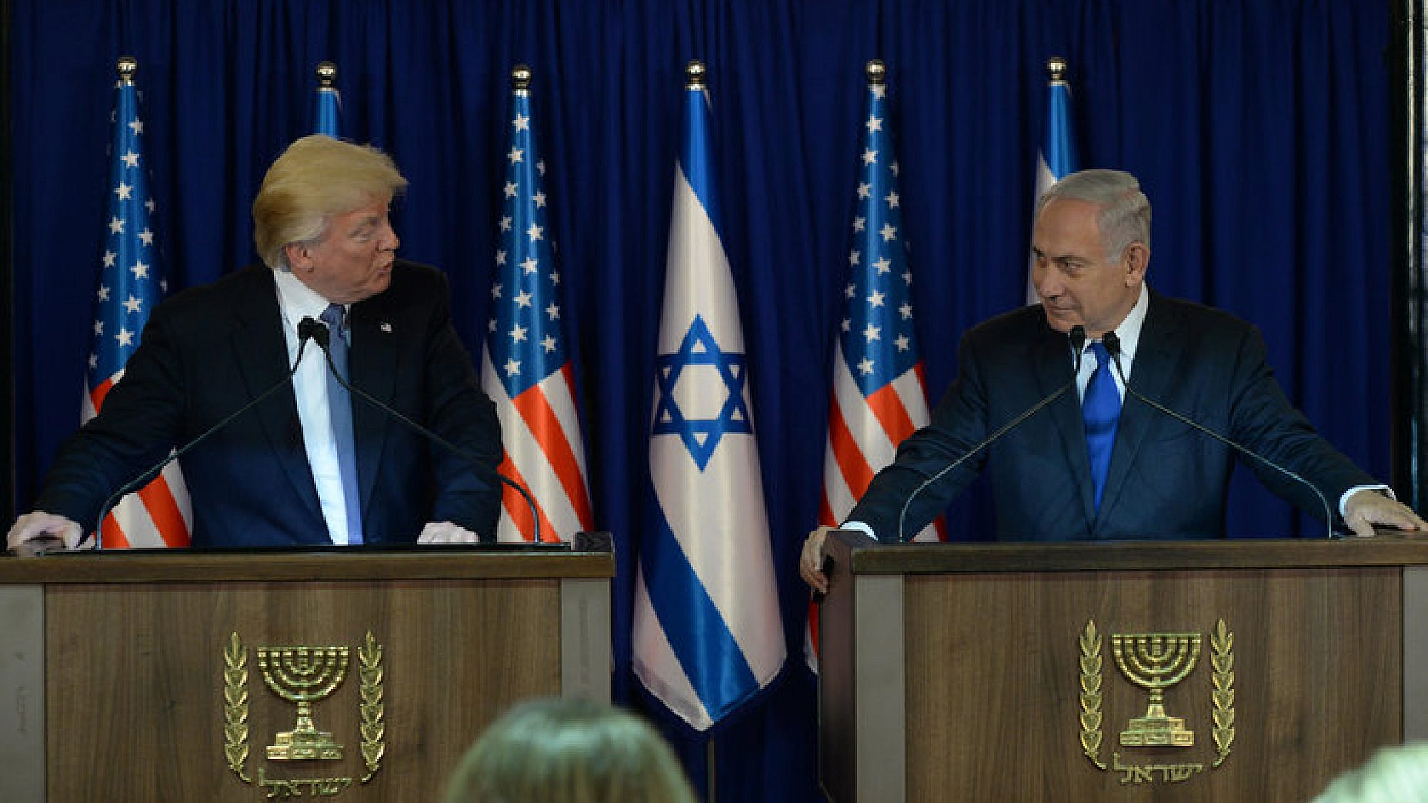 President Donald Trump and Prime Minister Benjamin Netanyahu make a joint appearance in Jerusalem on May 22, 2017. Credit: Haim Zach/GPO.