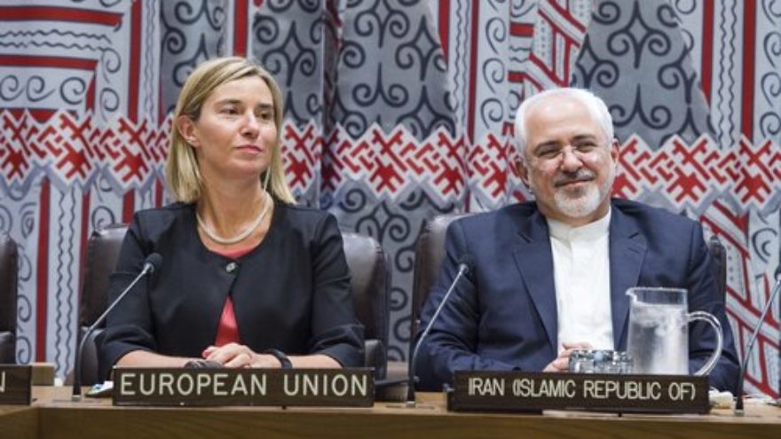 Iranian Foreign Minister Mohammad Javad Zarif and Federica Mogherini, the European Union’s high representative for foreign affairs and security policy, at a meeting on the implementation of the Iran nuclear deal on Sept. 22, 2016 in New York. Credit: U.N. Photo/Amanda Voisard.