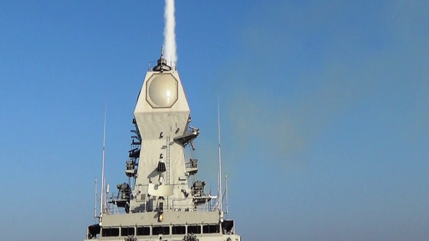 An INS Kolkata ship of the Indian Navy fires an Israeli-produced Barak 8 long-range surface-to-air missile on Dec. 30, 2015. Credit: Indian Navy via Wikimedia Commons