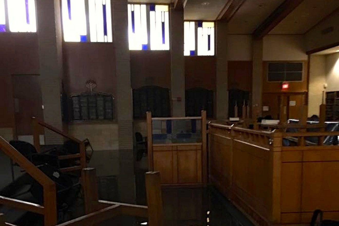 Flood damage from Hurricane Harvey at United Orthodox Synagogues of Houston. Credit: Robert Levy via Facebook.